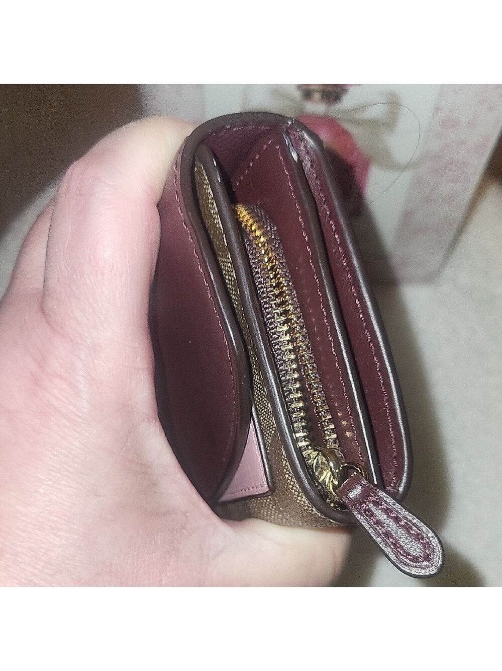Coach Trifold Wallet in Burgundy, Pink & Brown Signature Canvas - Picture 10 of 13